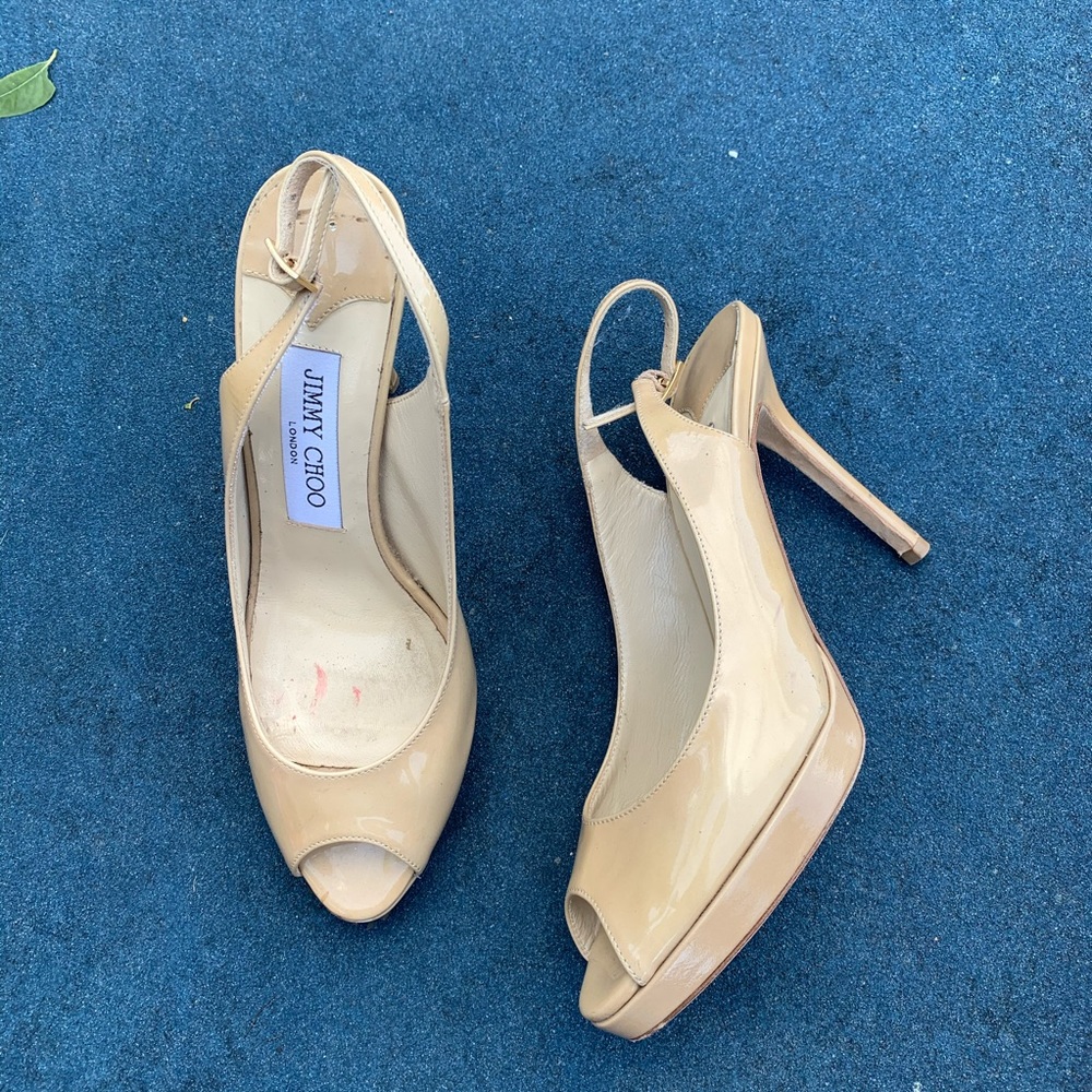 Jimmy Choo Tan Peep Toe Platform Slingback Heels!